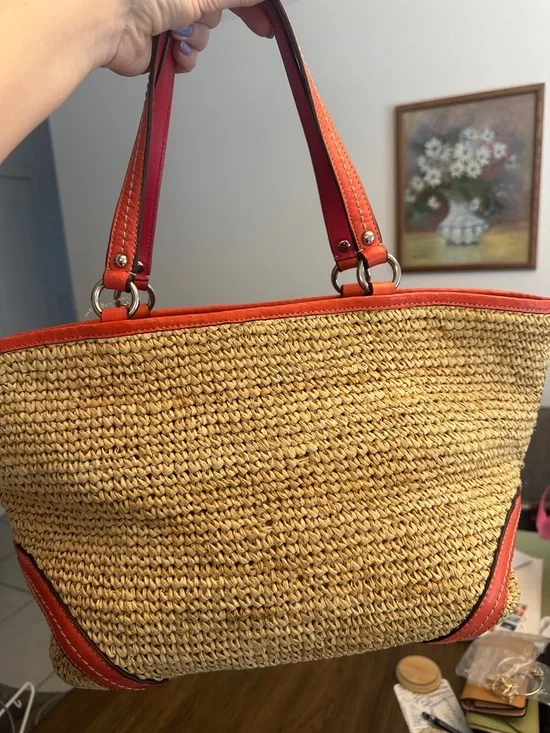 Coach Straw Tote #22904 Coral and Red Leather Trim EUC - Picture 6 of 7